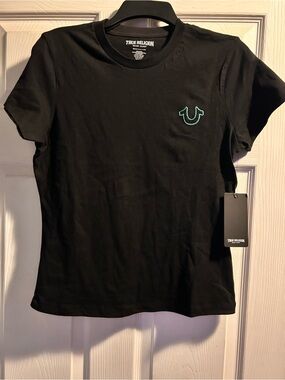 True Religion Black Tee with Teal Logo Embroidery